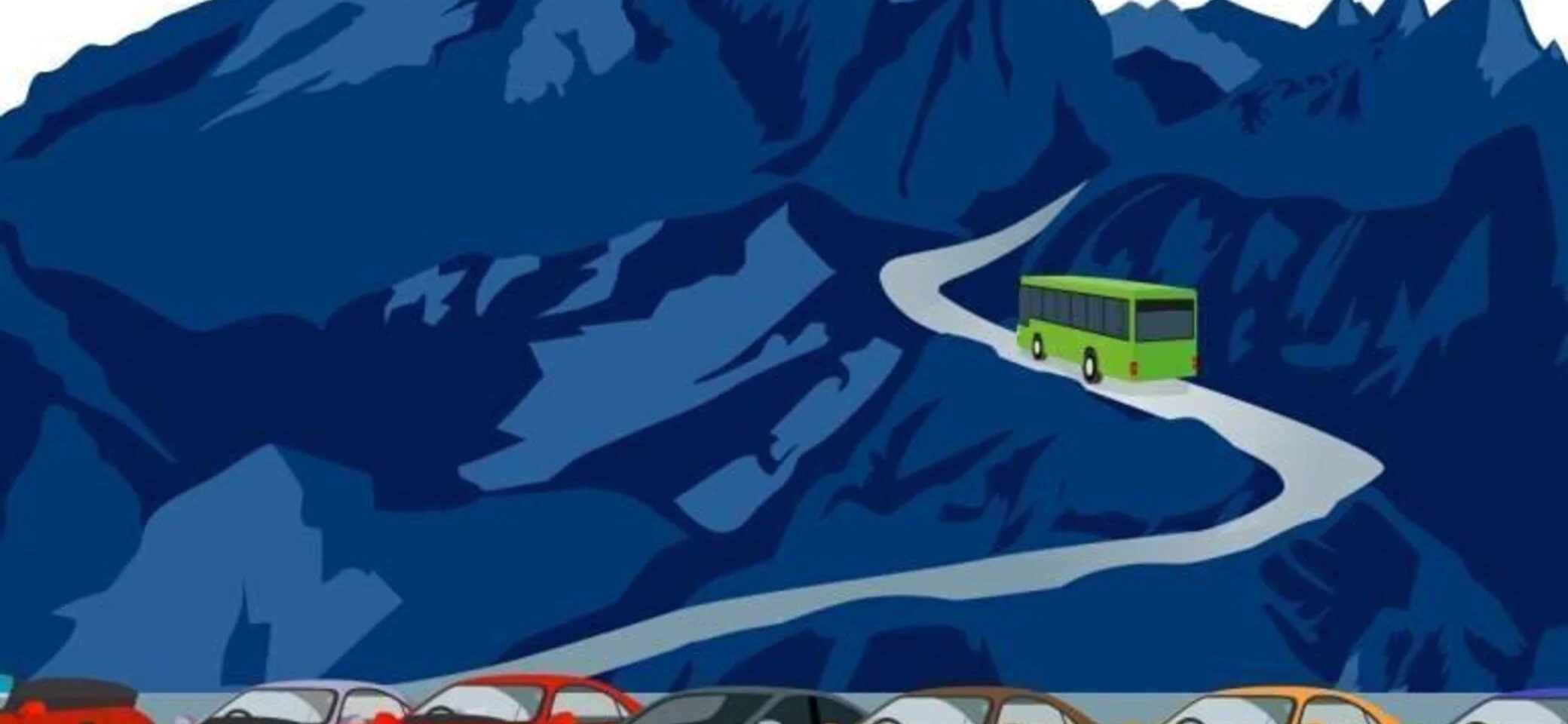 Comicbild eines Staus im Tal. Im Hintergrnd fährt ein grüner Bus auf den Berg | © DAV/Marmota Maps